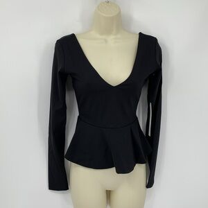 Susana Monaco double V peplum ruffle top shirt blouse jersey knit black new XS